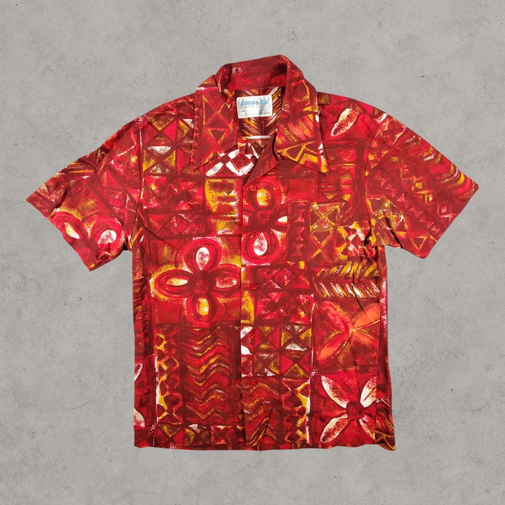 Kona Kai Jantzen Hawaiian Shirt Mens Medium Red Orange Abstract 70s Vintage USA